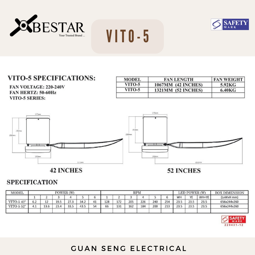 BESTAR VITO-5 42" 52" Hugger Smart Wifi Control DC Motor Ceiling Fan