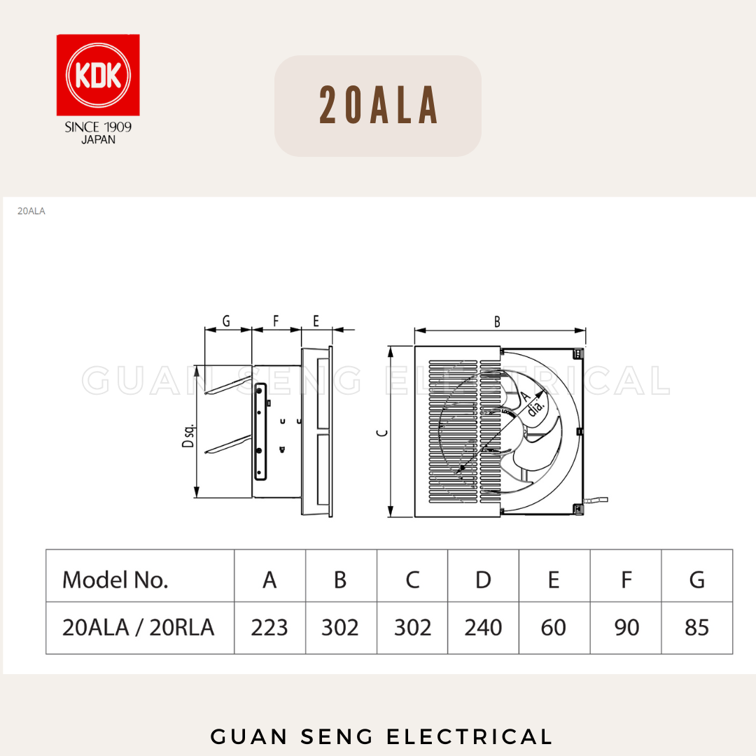 KDK 20ALA Wall Mount Ventilation Fan Exhaust Fan