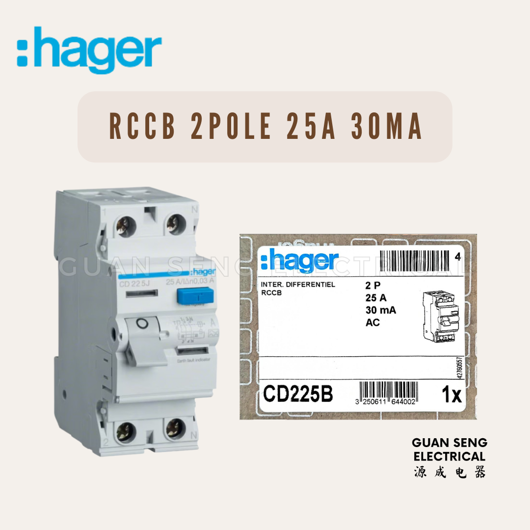 Hager Double Pole 2P RCCB 25A 30mA CD225B