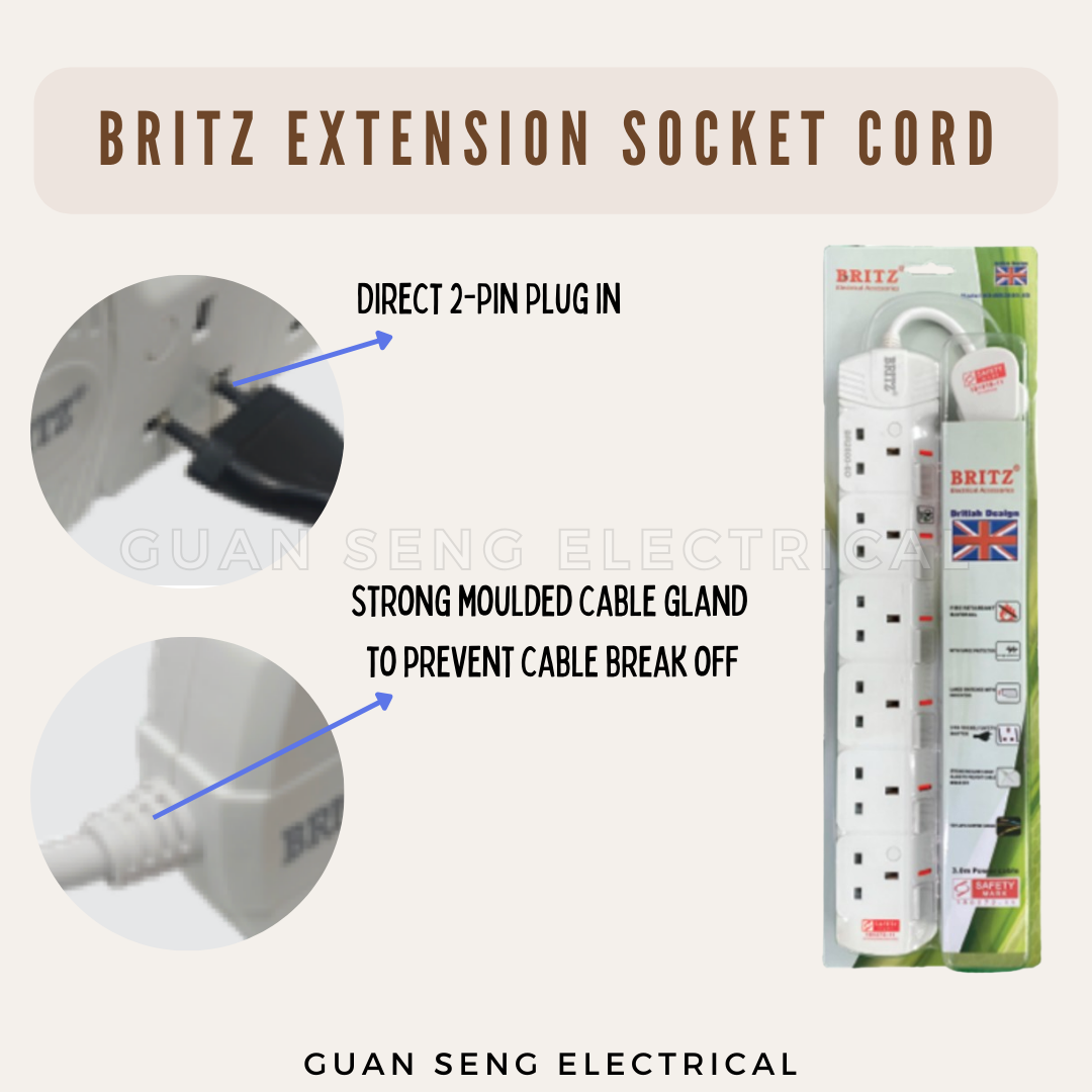 Britz Extension Socket 3/6 Meters Surge Protection