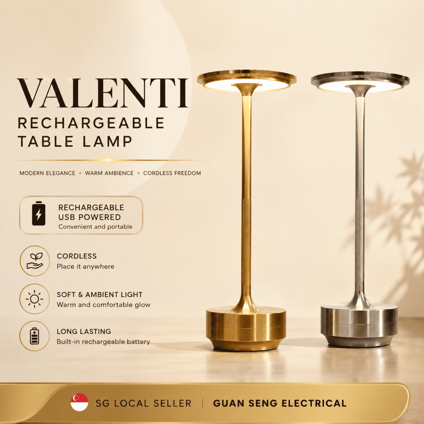 Valenti Rechargeable USB Table Lamp 3W Warm White Cool White Daylight Dimmable | Guan Seng Electrical