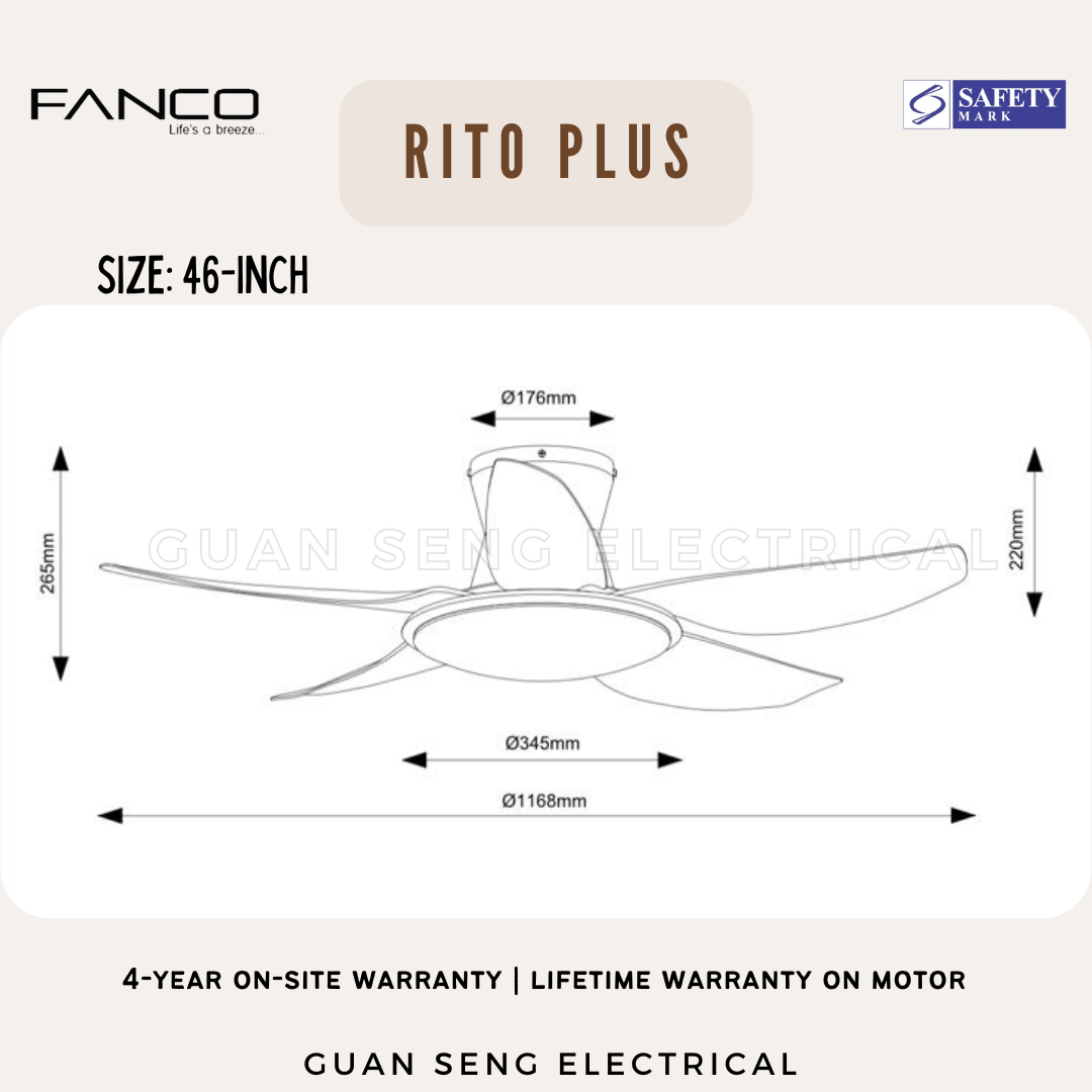 FANCO RITO PLUS 46" 56" DC Motor Ceiling Fan with 3 Tone LED Light Kit and Remote Control | Guan Seng Electrical