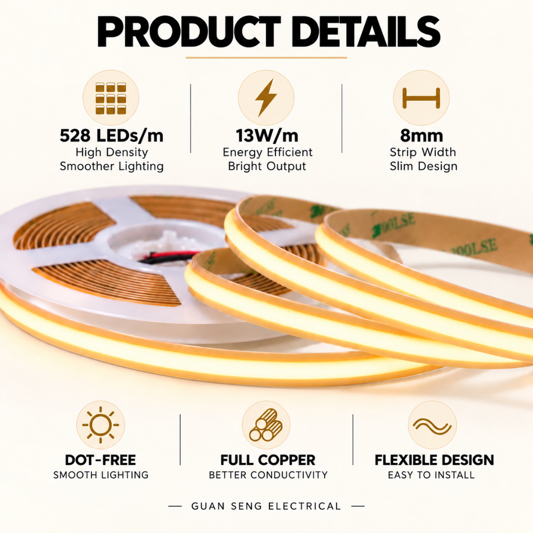 Premium 24V COB LED Strip Light Full Copper 8mm 528LEDS 5M
