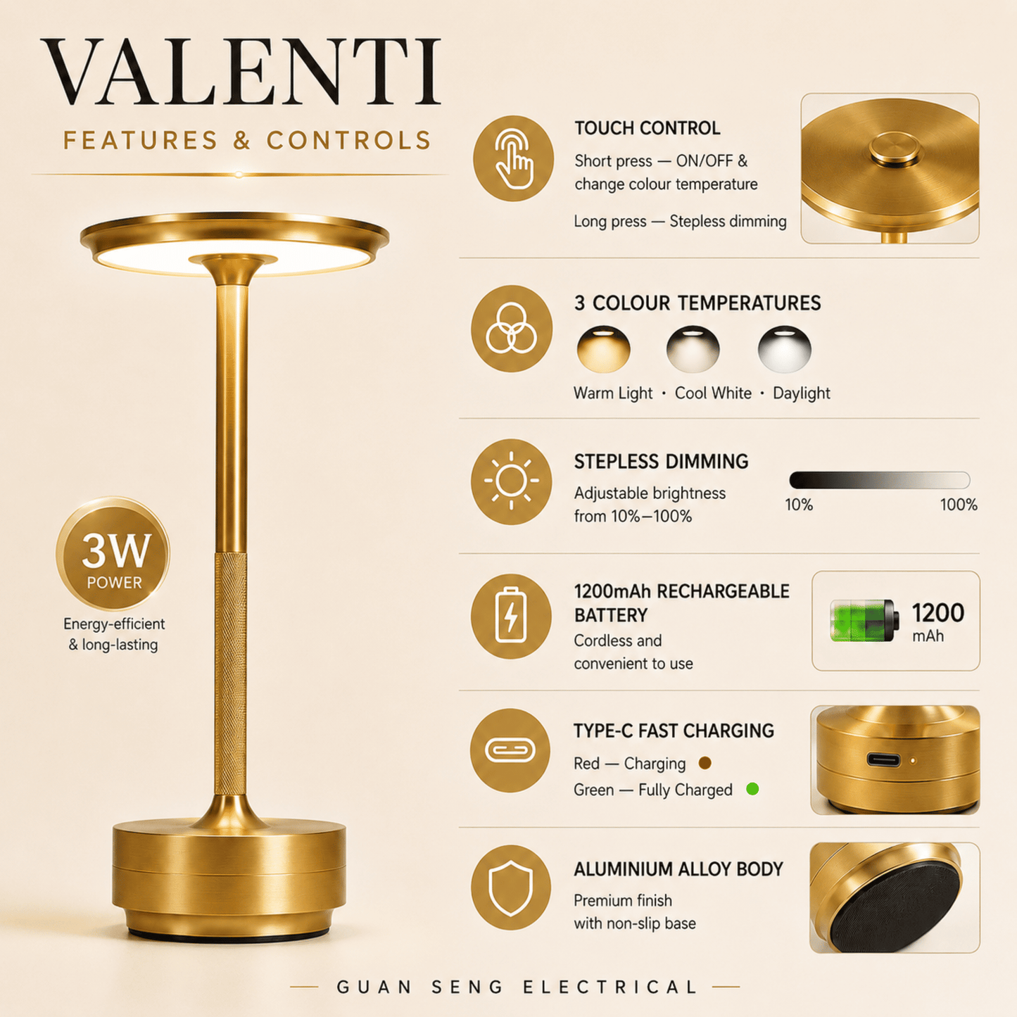 Valenti Rechargeable USB Table Lamp 3W Warm White Cool White Daylight Dimmable | Guan Seng Electrical