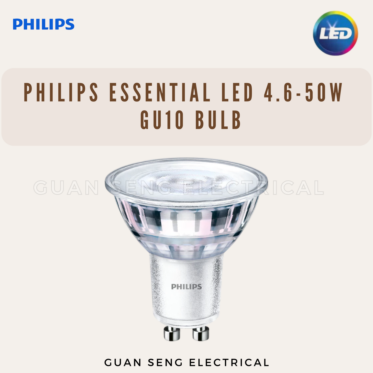 PHILIPS Essential LED 4.6-50W GU10 Warm White Light Bulb