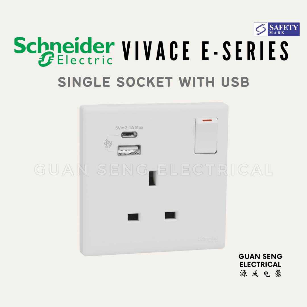 Schneider Electric Vivace E-Series 13A Single Socket with USB A+C White