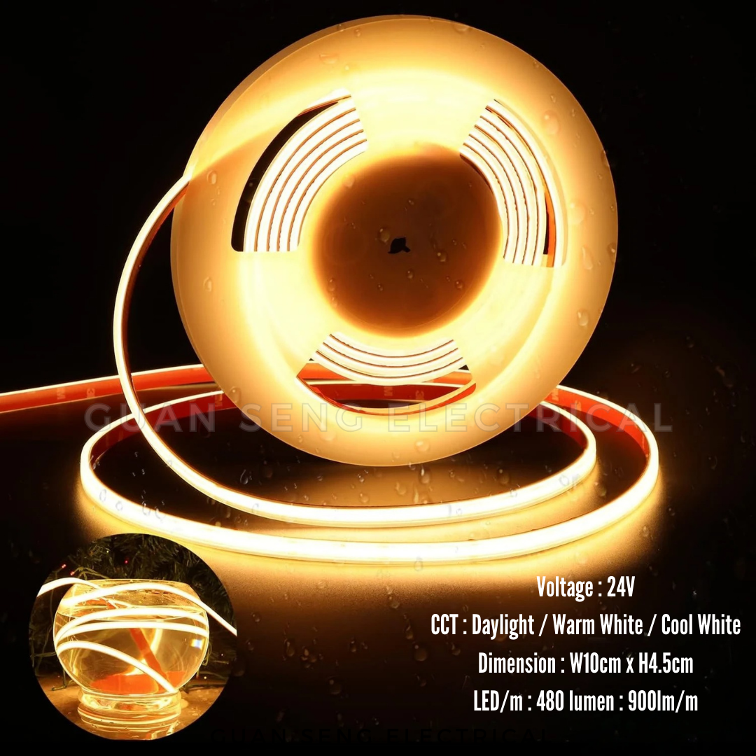 IP68 COB LED Strip Light 5M High Density Waterproof Flexible DC24V 528LEDs/m