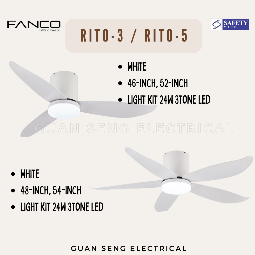 FANCO Smart RITO 3 RITO 5 Black White Pine Wood DC Motor Ceiling Fan with 3 Tone LED Light Kit