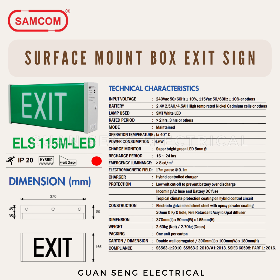 Samcom Electronics Surface Mount LED Exit Sign (Box Type) ELS 115M-LED