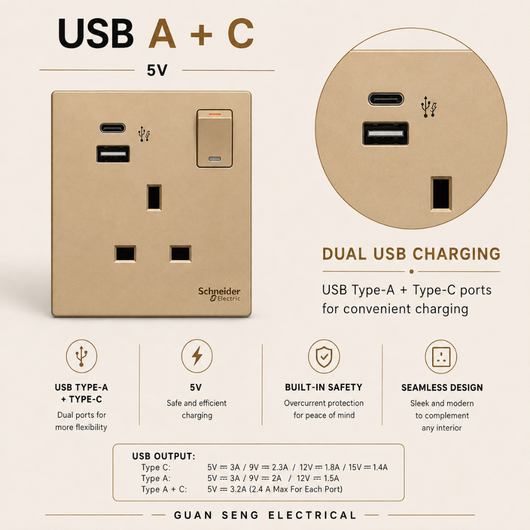 Schneider Avataron C 13A Socket with USB A+C A+A | Guan Seng Electrical Singapore