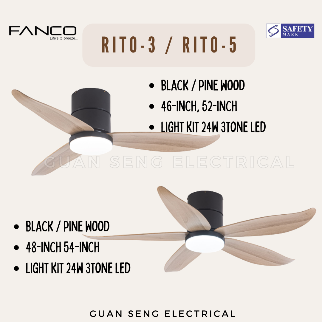 FANCO Smart RITO 3 RITO 5 Black White Pine Wood DC Motor Ceiling Fan with 3 Tone LED Light Kit