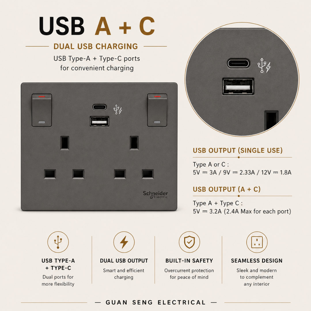 Schneider Avataron C 13A Socket with USB A+C A+A | Guan Seng Electrical Singapore