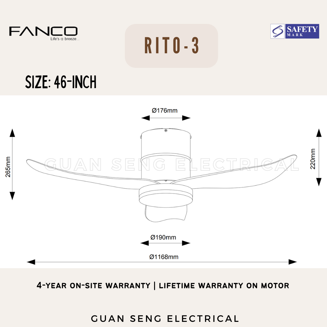 FANCO Smart RITO 3 RITO 5 Black White Pine Wood DC Motor Ceiling Fan with 3 Tone LED Light Kit