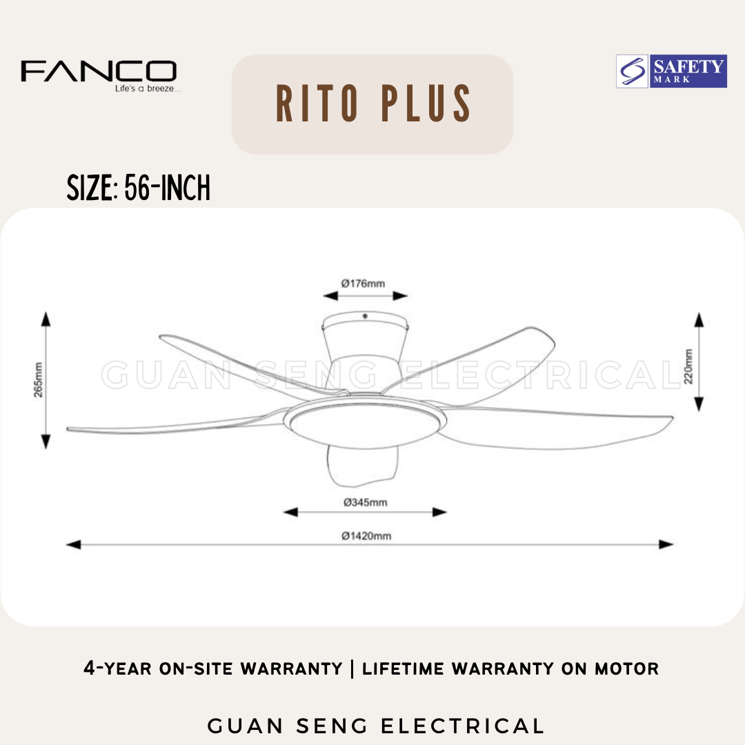 FANCO RITO PLUS 46" 56" DC Motor Ceiling Fan with 3 Tone LED Light Kit and Remote Control | Guan Seng Electrical
