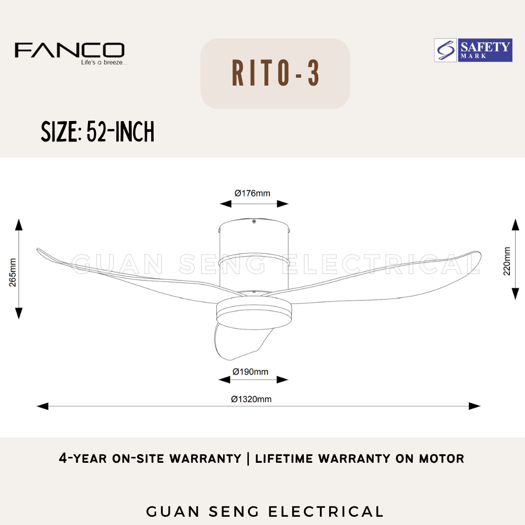 FANCO Smart RITO 3 RITO 5 Black White Pine Wood DC Motor Ceiling Fan with 3 Tone LED Light Kit