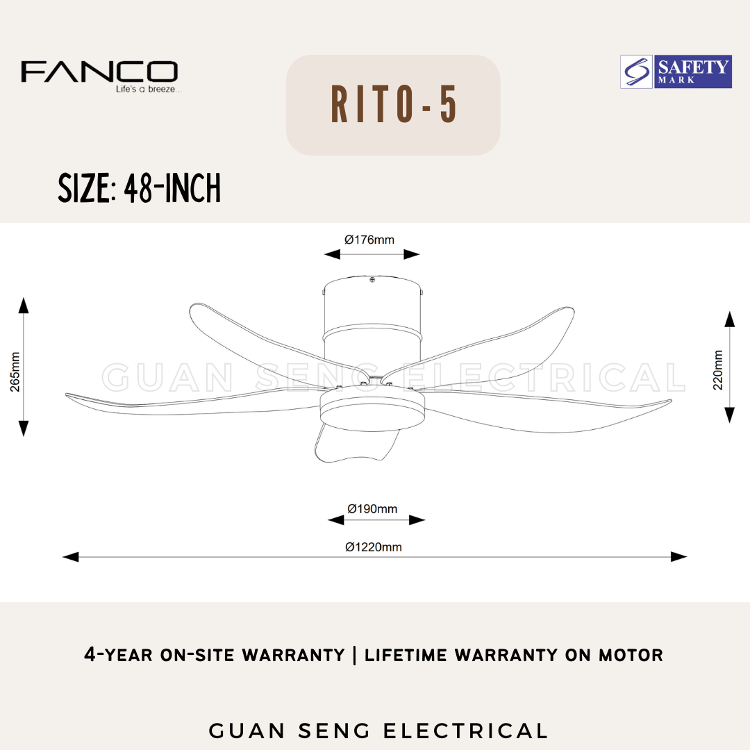 FANCO Smart RITO 3 RITO 5 Black White Pine Wood DC Motor Ceiling Fan with 3 Tone LED Light Kit
