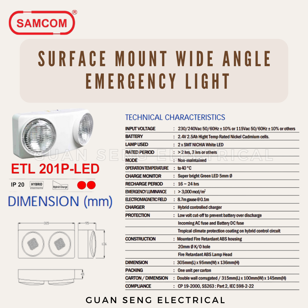Samcom Electronics LED Surface Mount Wide Angle Emergency Light ETL 201P-LED