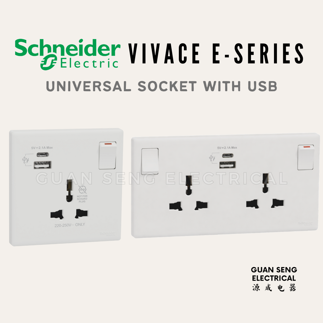 Schneider Electric Vivace E-Series Universal Socket with USB White | Guan Seng Electrical Singapore