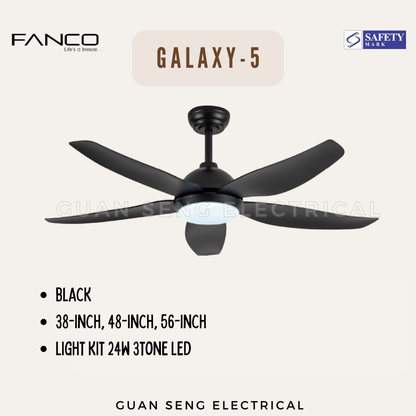 FANCO Galaxy-5 38" 48" 56" DC Motor Ceiling Fan with 3 Tone LED Light Kit and Remote Control