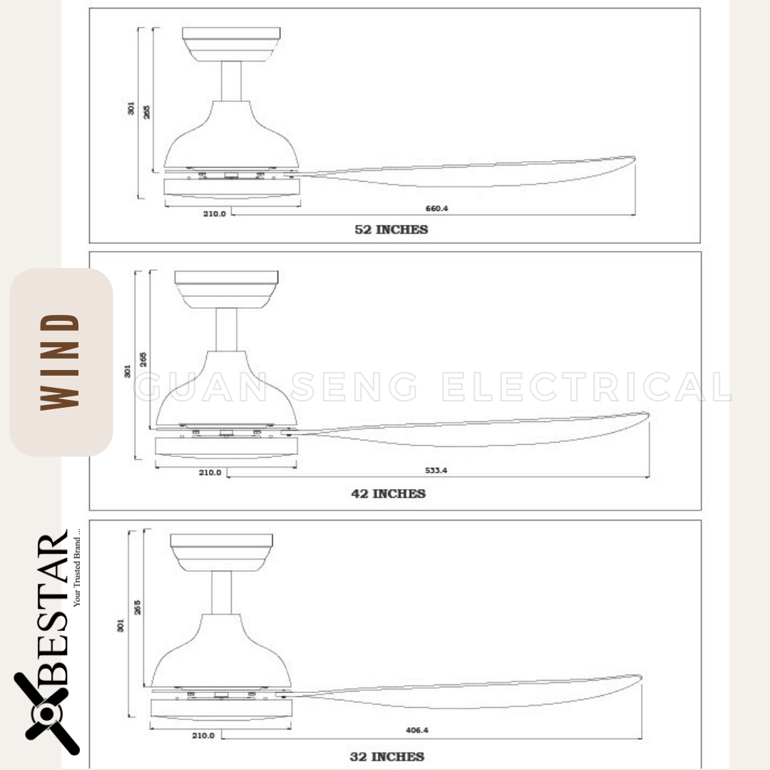 BESTAR Wind 32" 42" 52" DC Motor Ceiling Fan with Remote Control