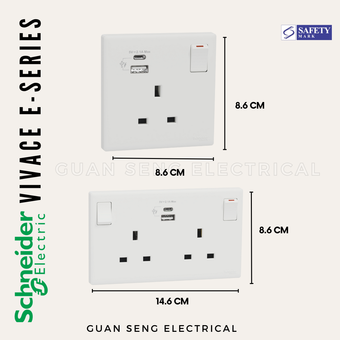 Schneider Electric Vivace E-Series 13A Socket with USB A+C White | Guan Seng Electrical Singapore