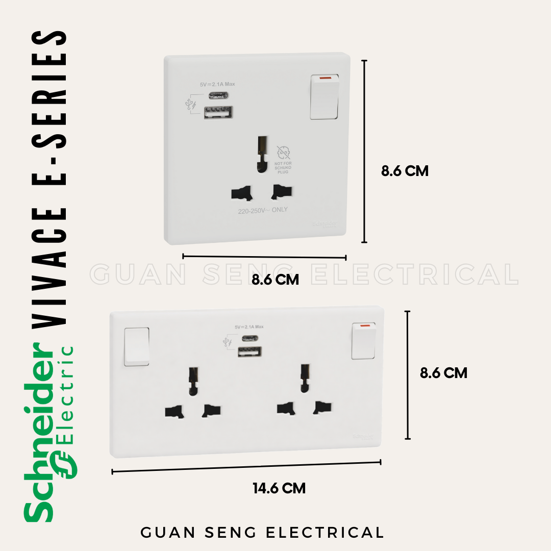 Schneider Electric Vivace E-Series Universal Socket with USB White | Guan Seng Electrical Singapore