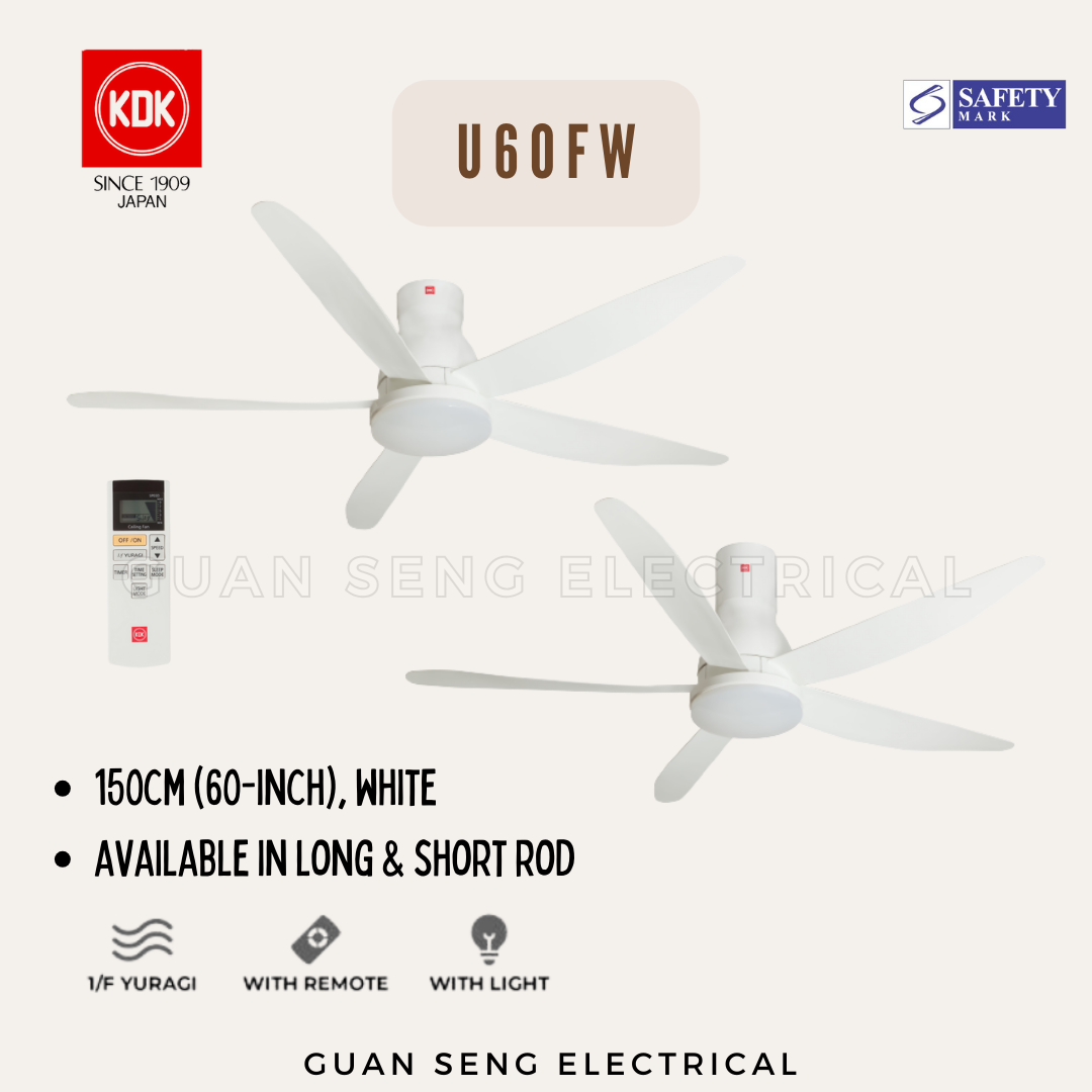 KDK U60FW DC Motor Ceiling Fan with 3 Tone LED Light Kit and Remote Control