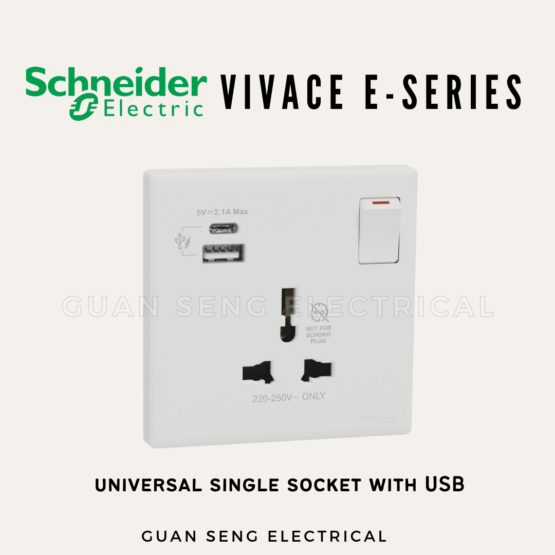 Schneider Electric Vivace E-Series Universal Socket with USB White | Guan Seng Electrical Singapore