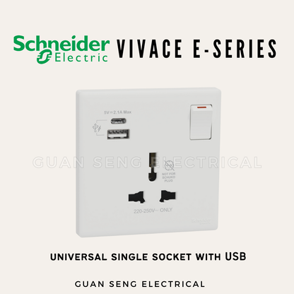 Schneider Electric Vivace E-Series Universal Socket with USB White | Guan Seng Electrical Singapore