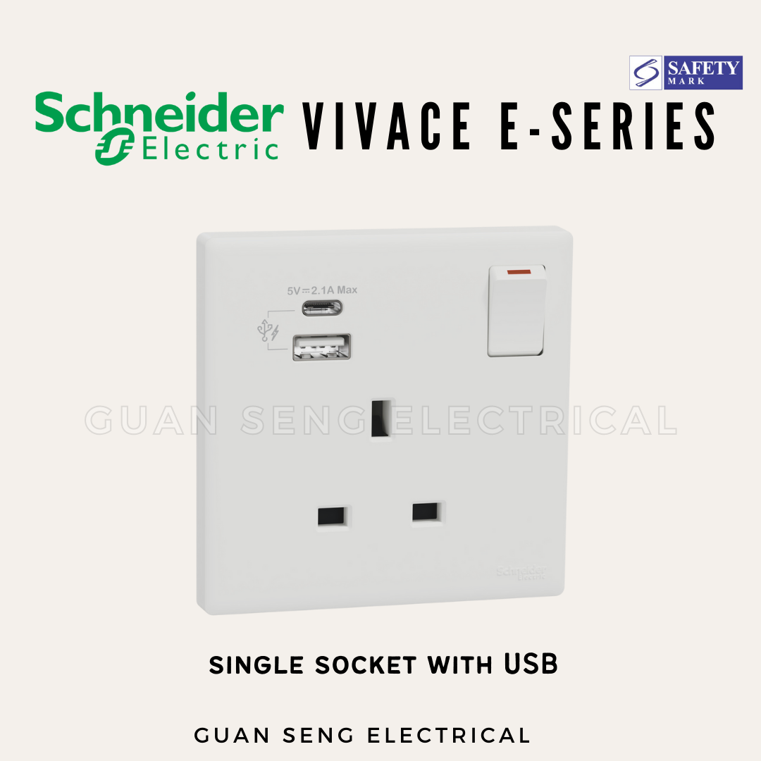 Schneider Electric Vivace E-Series 13A Socket with USB A+C White | Guan Seng Electrical Singapore