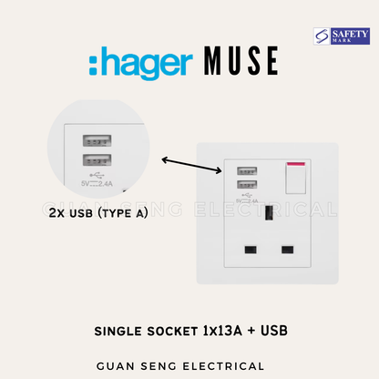 Hager Muse 13A Switched Socket with Dual USB | Guan Seng Electrical Singapore