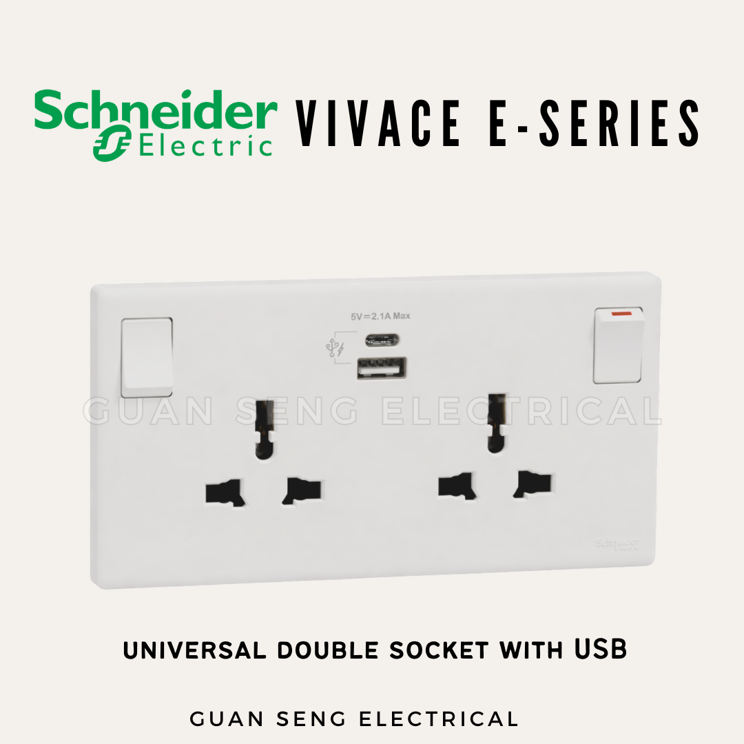 Schneider Electric Vivace E-Series Universal Socket with USB White | Guan Seng Electrical Singapore