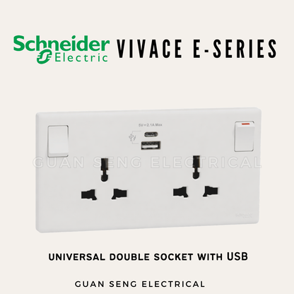 Schneider Electric Vivace E-Series Universal Socket with USB White | Guan Seng Electrical Singapore
