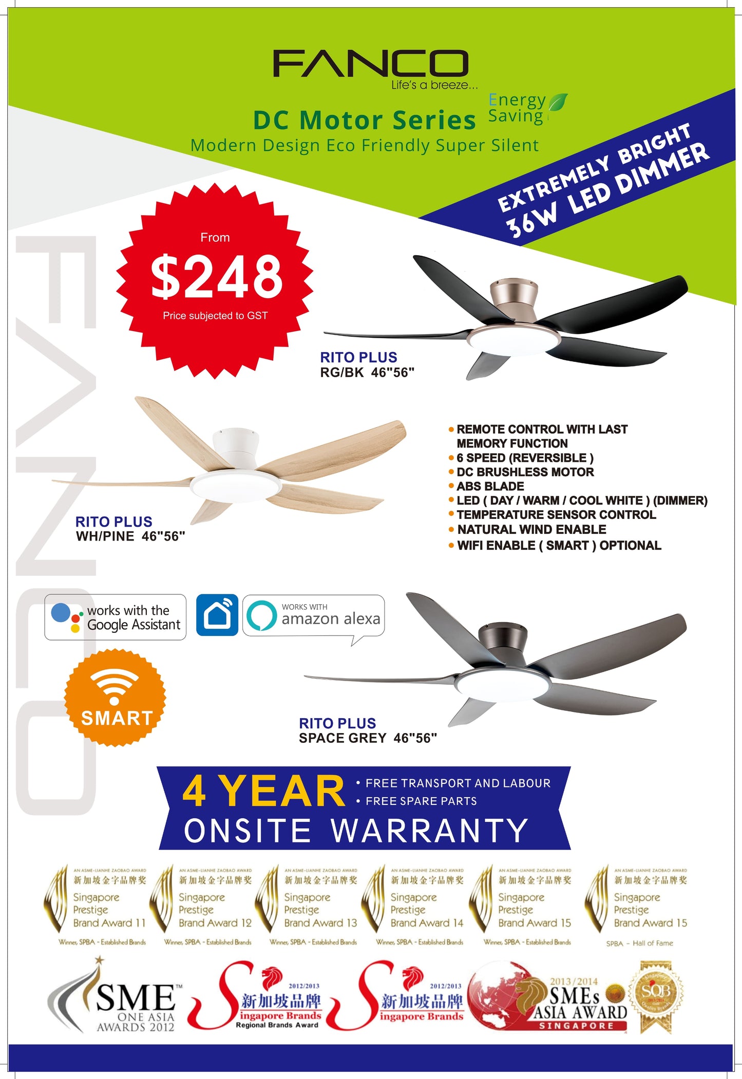 FANCO RITO PLUS 46" 56" DC Motor Ceiling Fan with 3 Tone LED Light Kit and Remote Control | Guan Seng Electrical