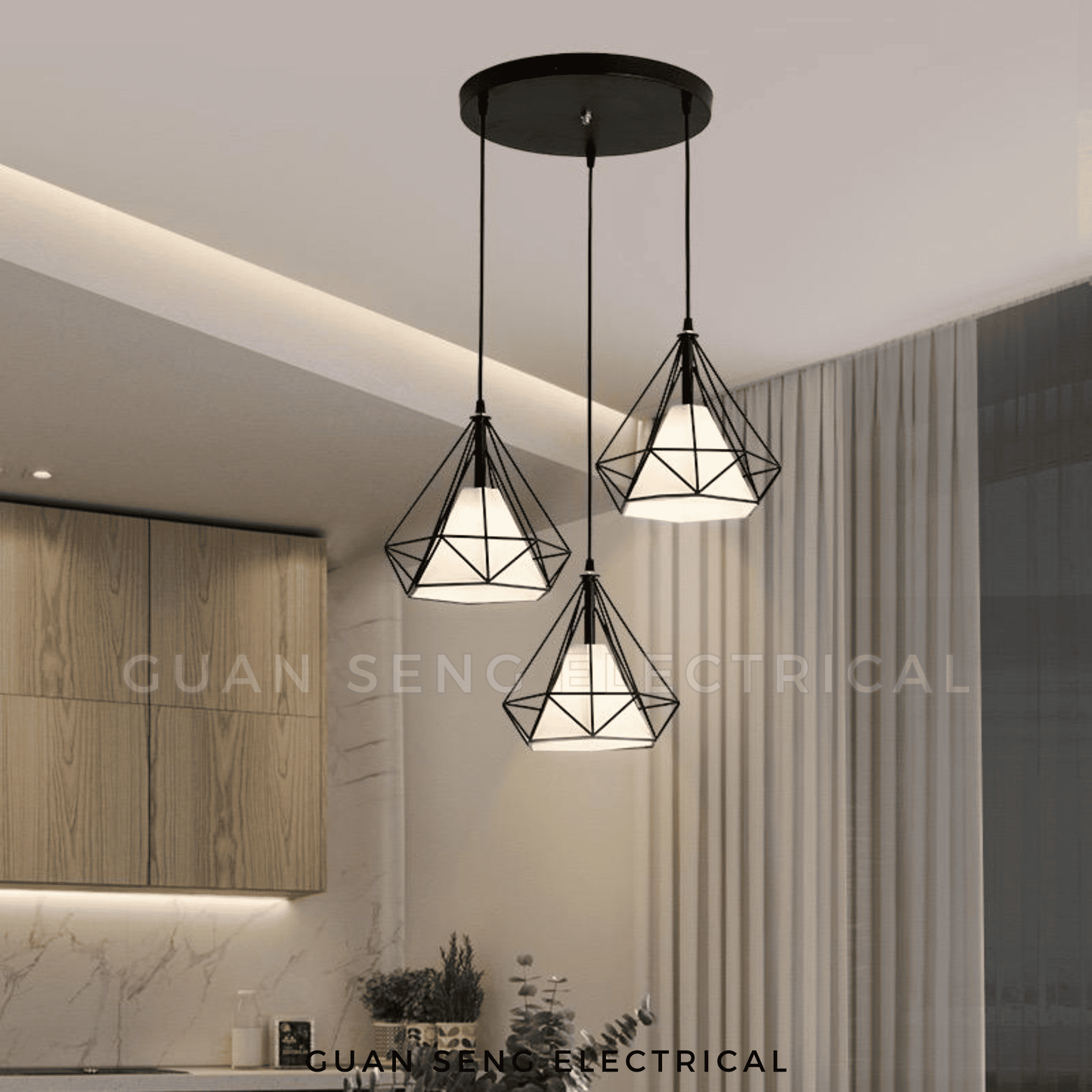 Diamond Pendant Light Black Gold E27 Bulb | Guan Seng Electrical