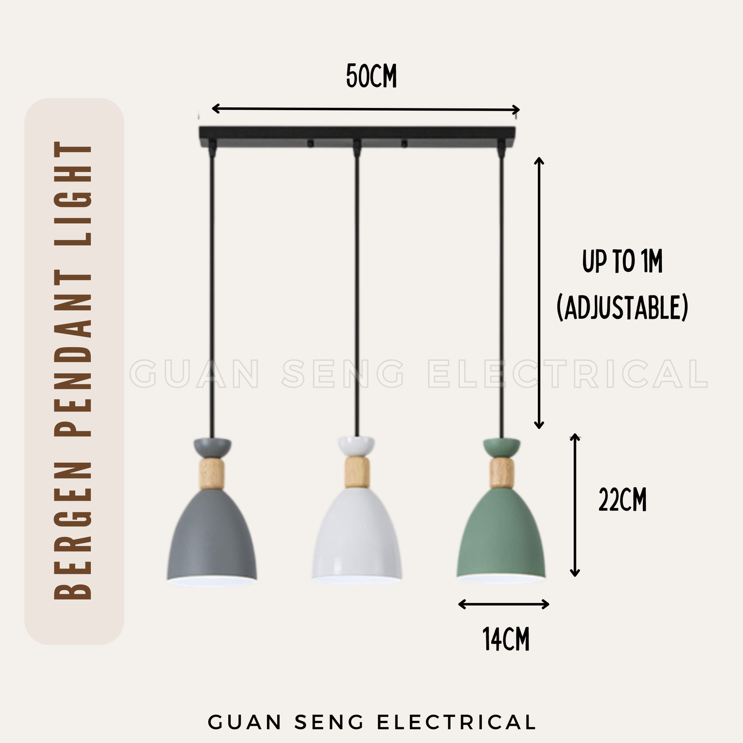 Bergen Pendant Light E27 Bulb Single Head 3 Heads