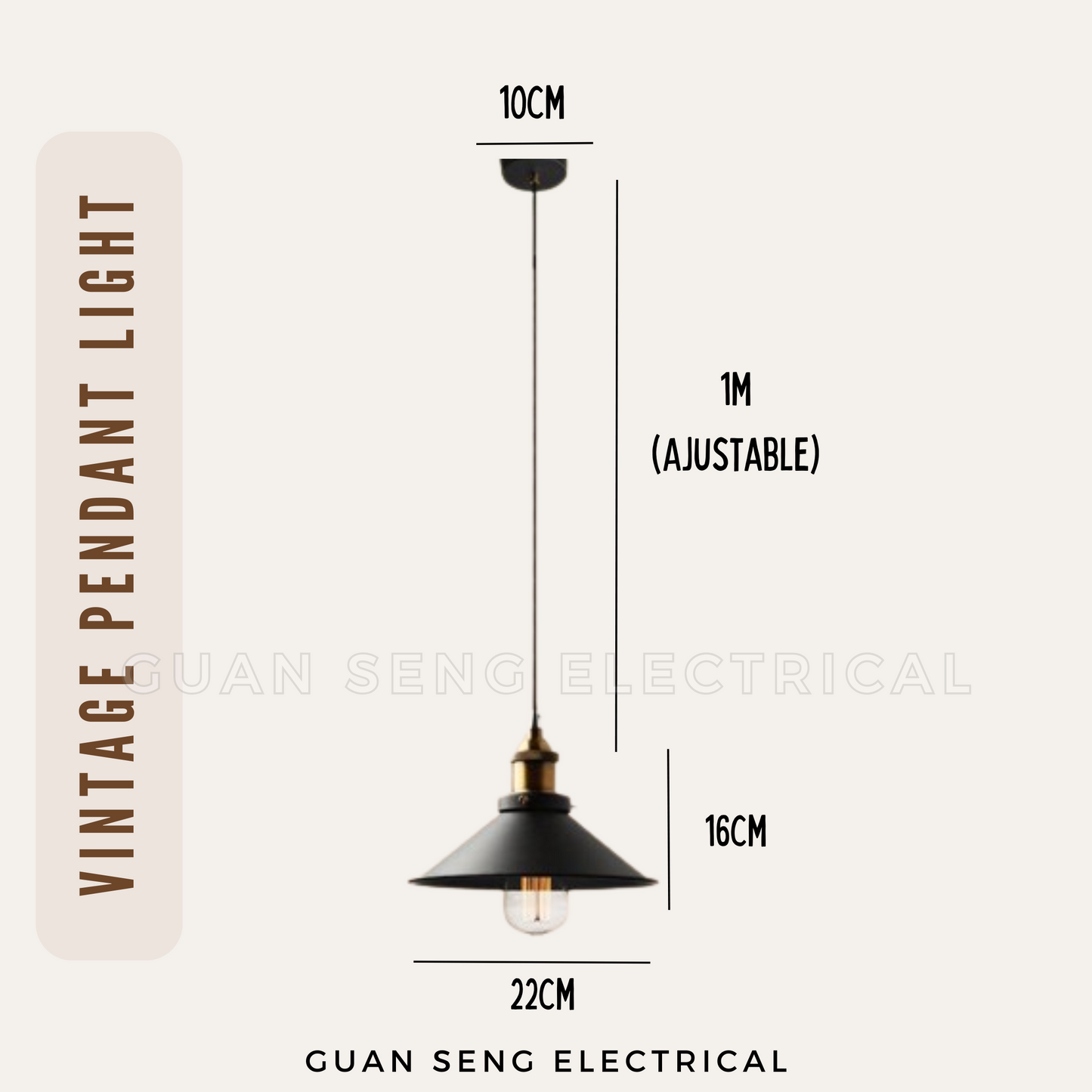 Vintage Single Pendant Light Black E27 Bulb