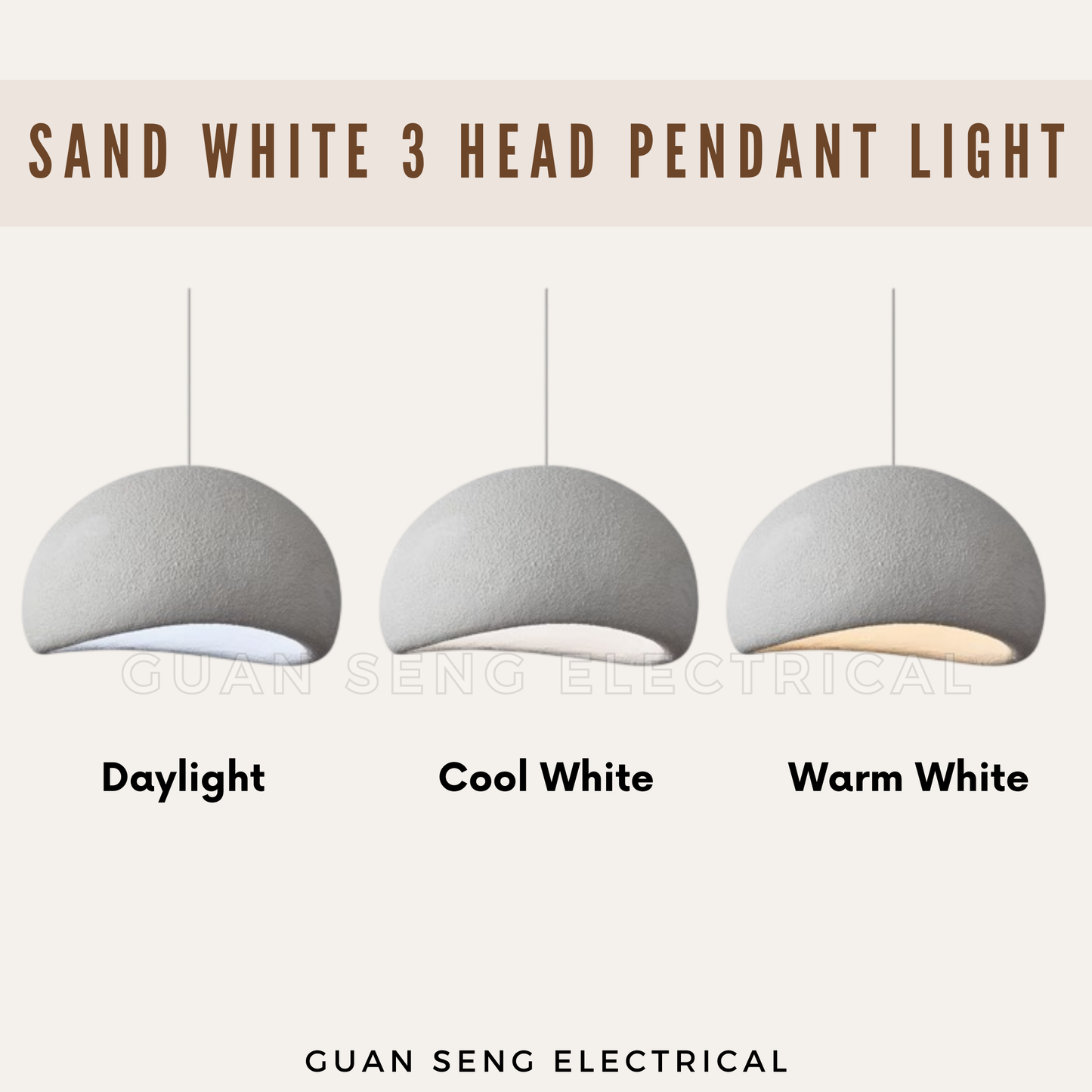Sand White 3 Head Pendant Light E27 Bulb