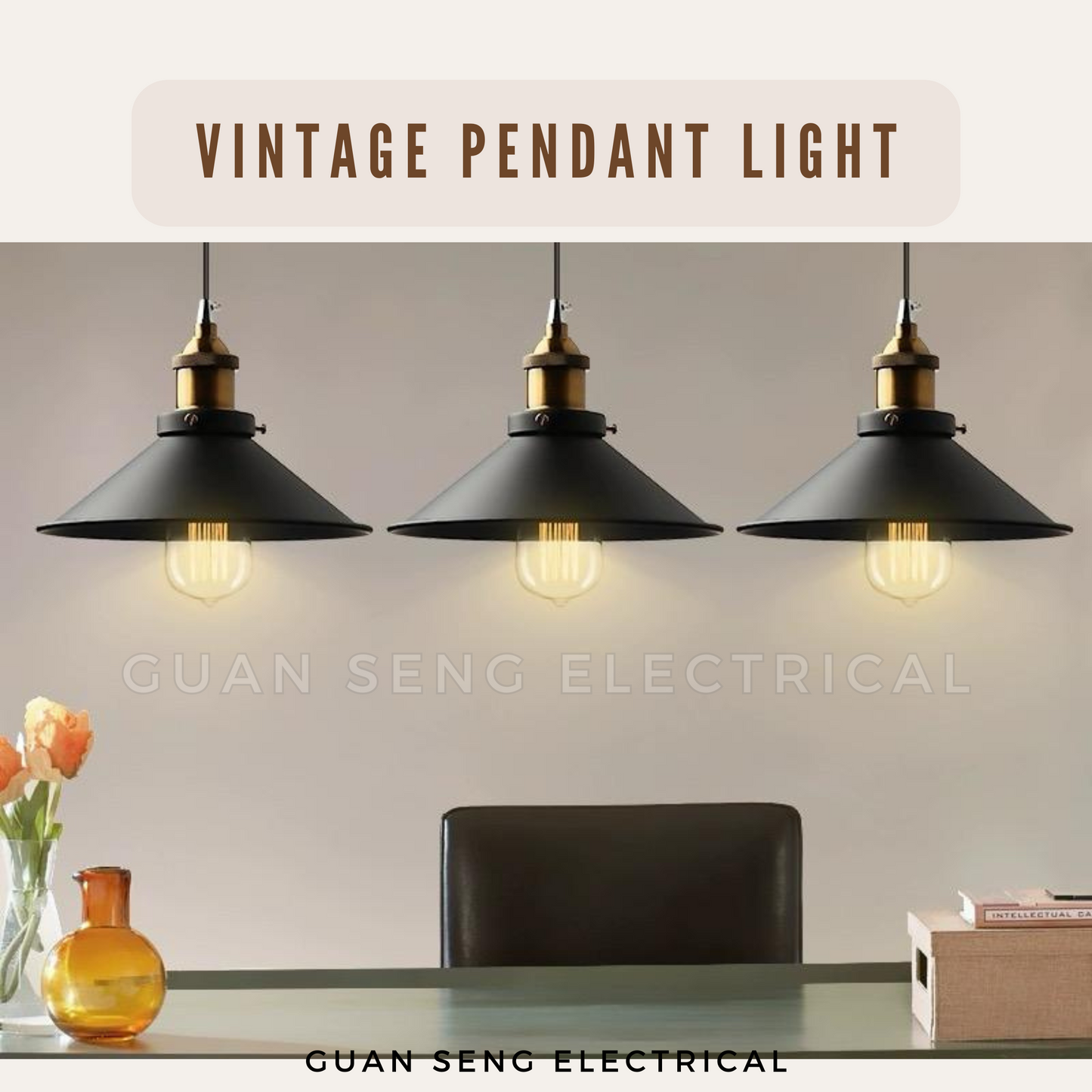 Vintage Single Pendant Light Black E27 Bulb