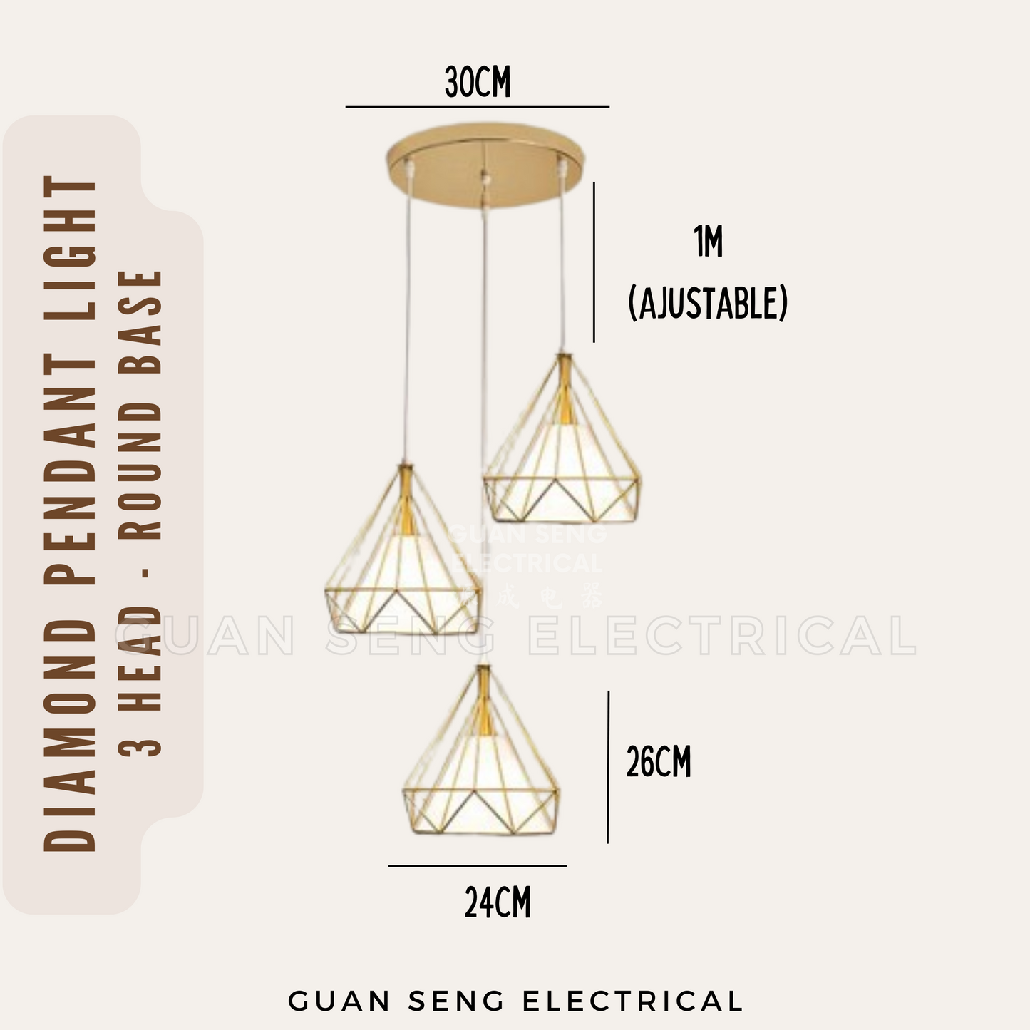 Diamond Pendant Light Black Gold E27 Bulb | Guan Seng Electrical