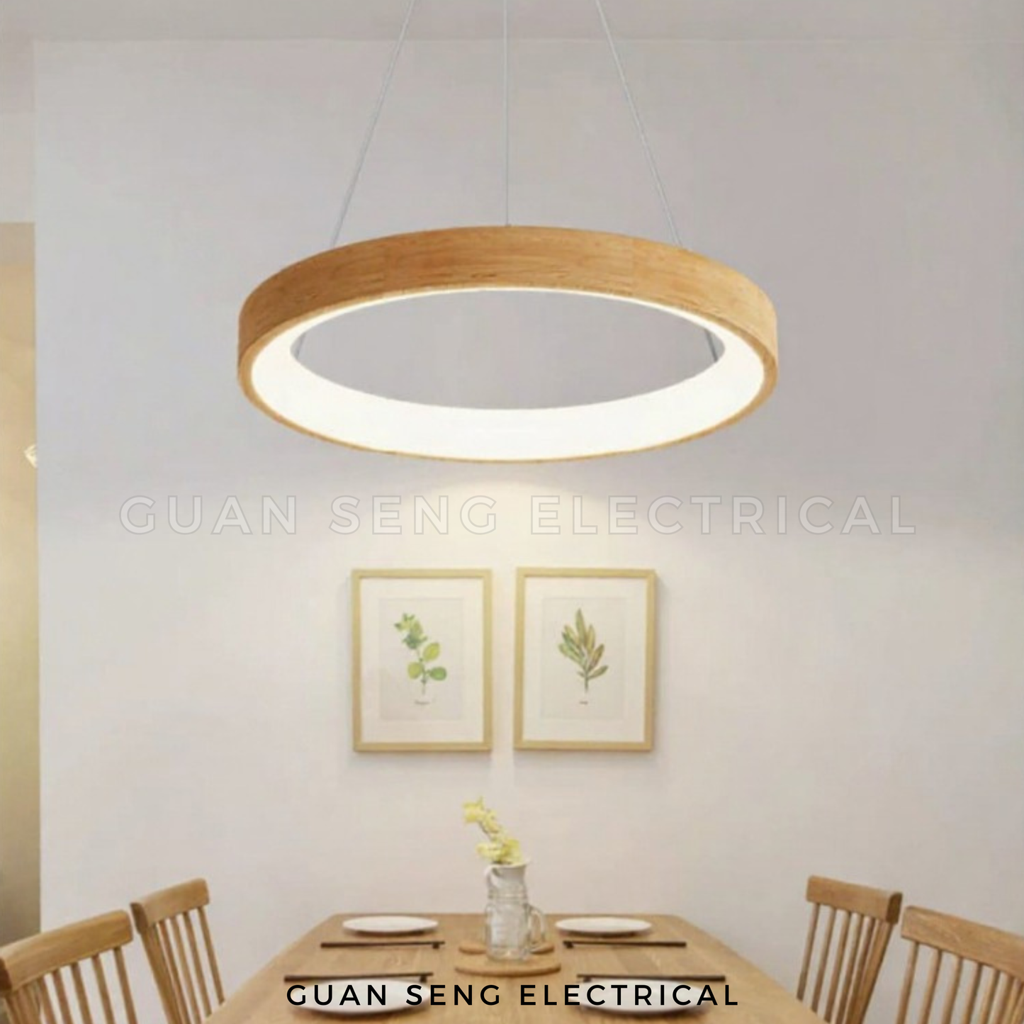 Wooden Ring Pendant Light 30W Tri Tone Dimmable with Remote