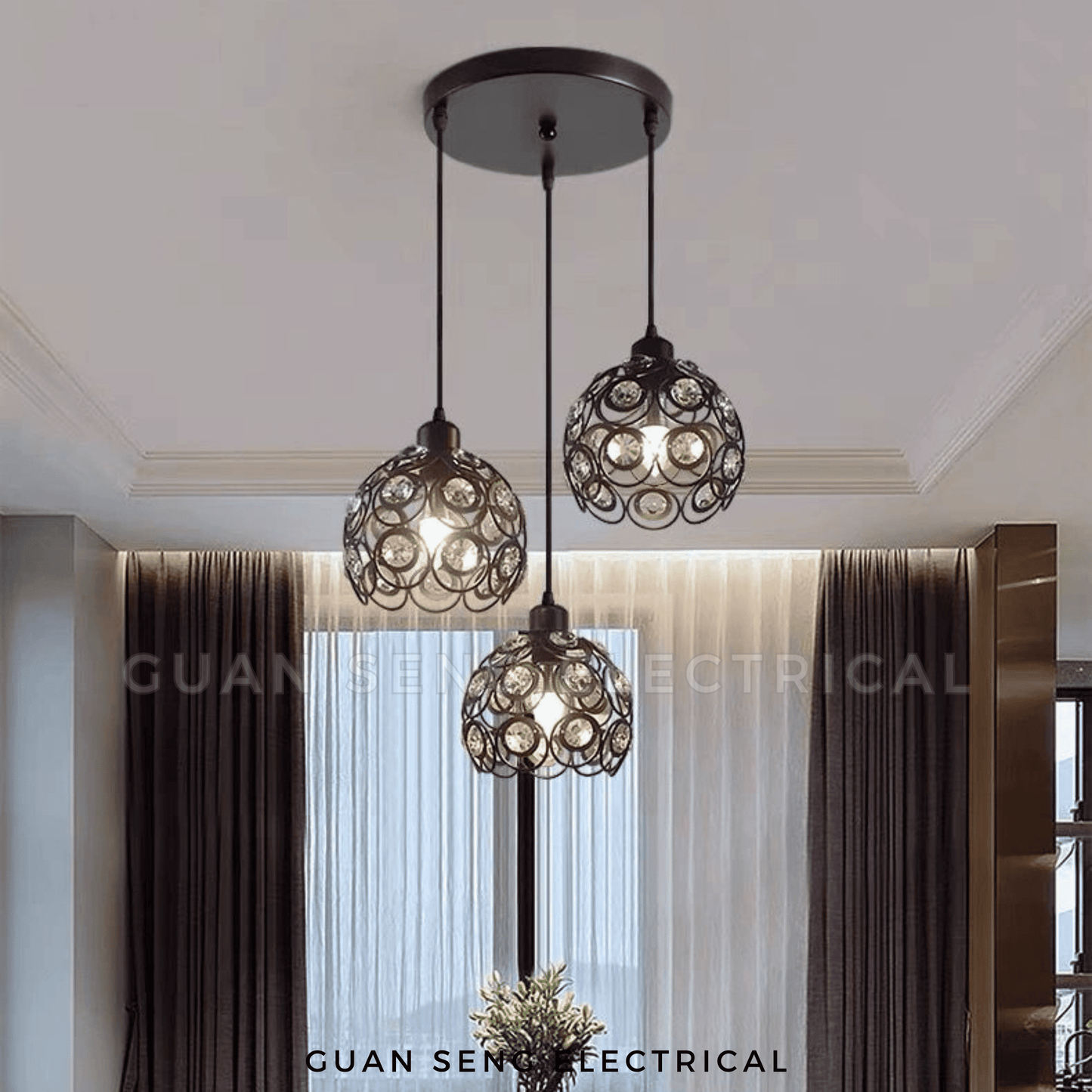 Sheveron Crystal Pendant Light Black Gold E27 Bulb