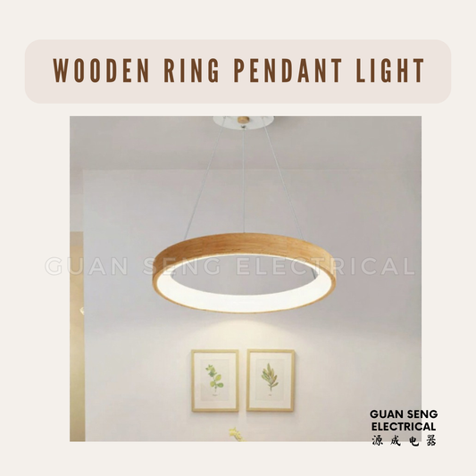 Wooden Ring Pendant Light 30W Tri Tone Dimmable with Remote