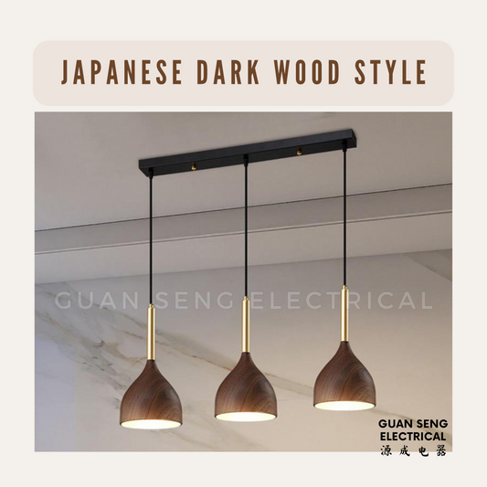 Japanese Wood Style Pendant Light E27 Bulb Dark Wood