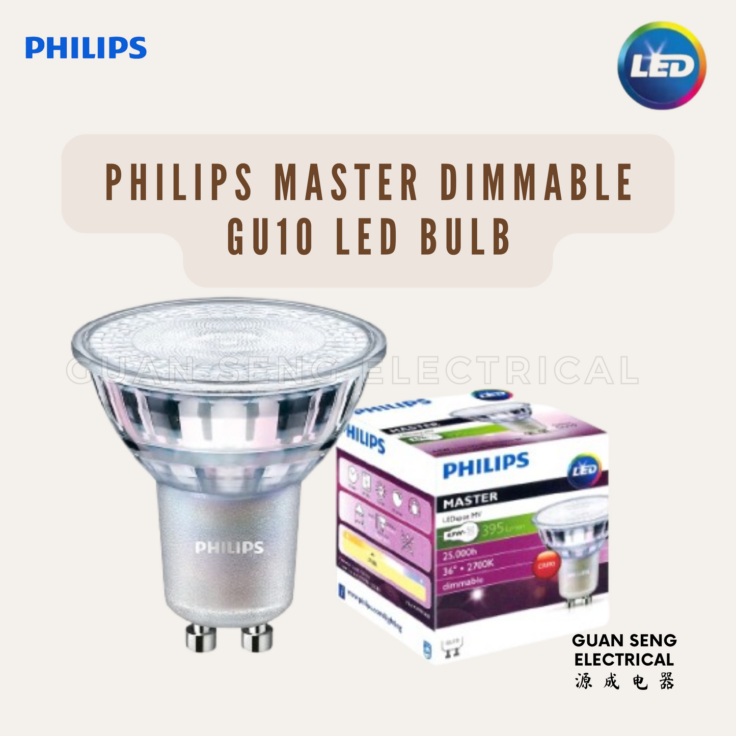 Philips Master Dimmable LED 4.9-50W GU10 2700K Warm White Light Bulb