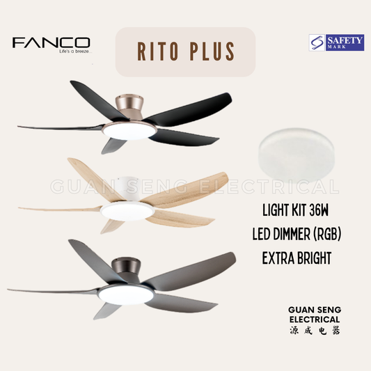 FANCO RITO PLUS 46" 56" DC Motor Ceiling Fan with 3 Tone LED Light Kit and Remote Control | Guan Seng Electrical