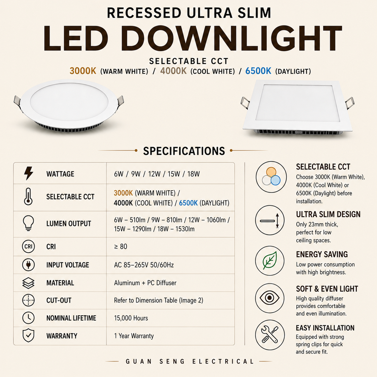 Recessed Ultra Slim LED Downlight Square Round