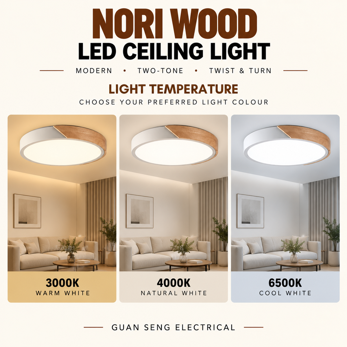 Nori Wood Ceiling Light Black White 24W 36W 48W