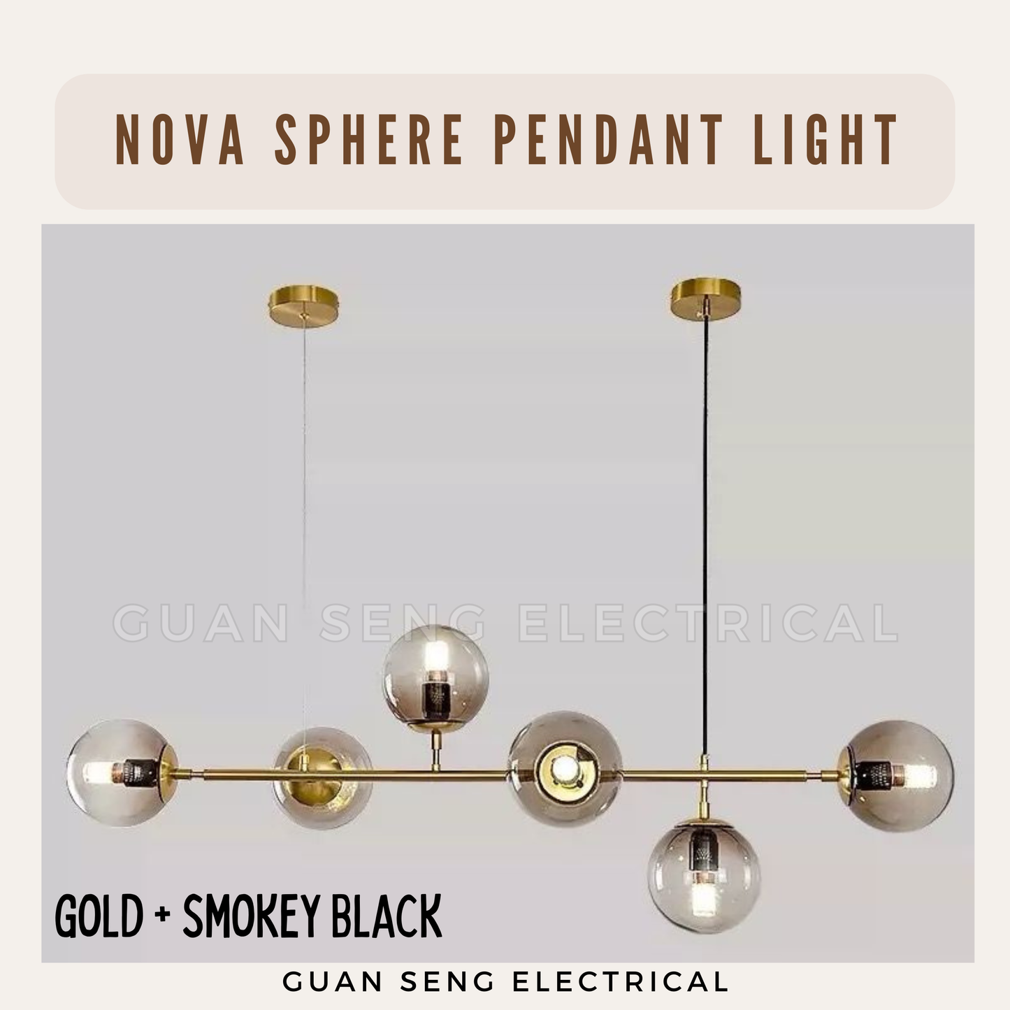 Nova Sphere Chandelier Pendant Light E27 Bulb Black Gold with Smokey Black | Guan Seng Electrical