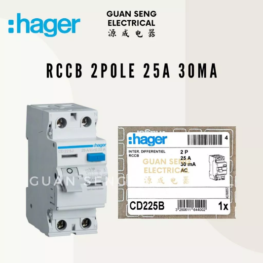 Hager Double Pole 2P RCCB 25A 30mA CD225B